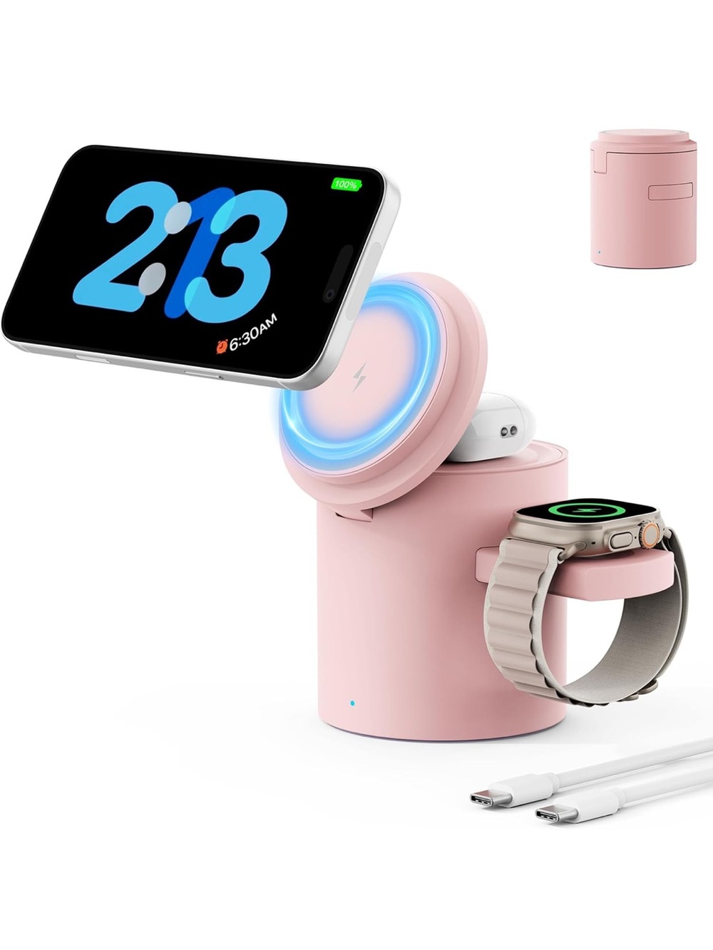 3-in-1 Wireless Charging Station for Phone, AirPods & Watch - Pink